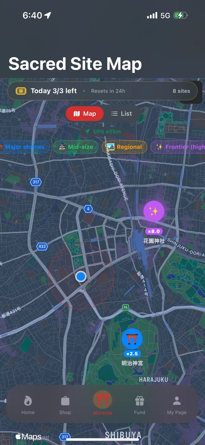 Mappa dei luoghi sacri con moltiplicatori di ricompensa live